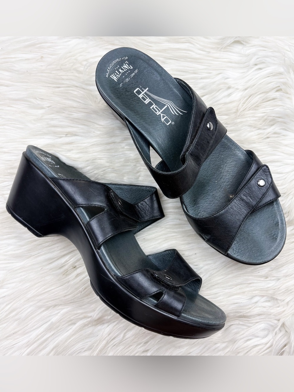 Dansko Wedge Sandal Platform Heel Black Leather Slide Orthopedic Arch Support 40